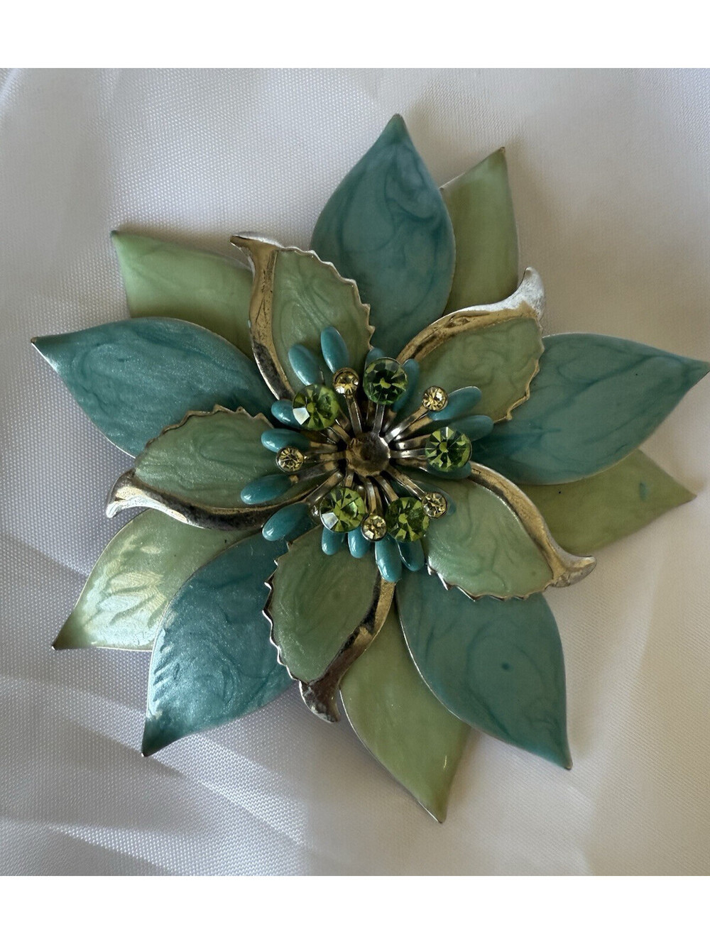 Enameled Metal Flower Pin Brooch Aqua Green Faux Crystals Silvterone Fashion